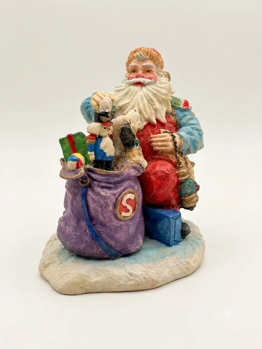 Vintage Santa Claus Resin Figurine with Toy Sack, Nutcracker, Dog – Hand Painted